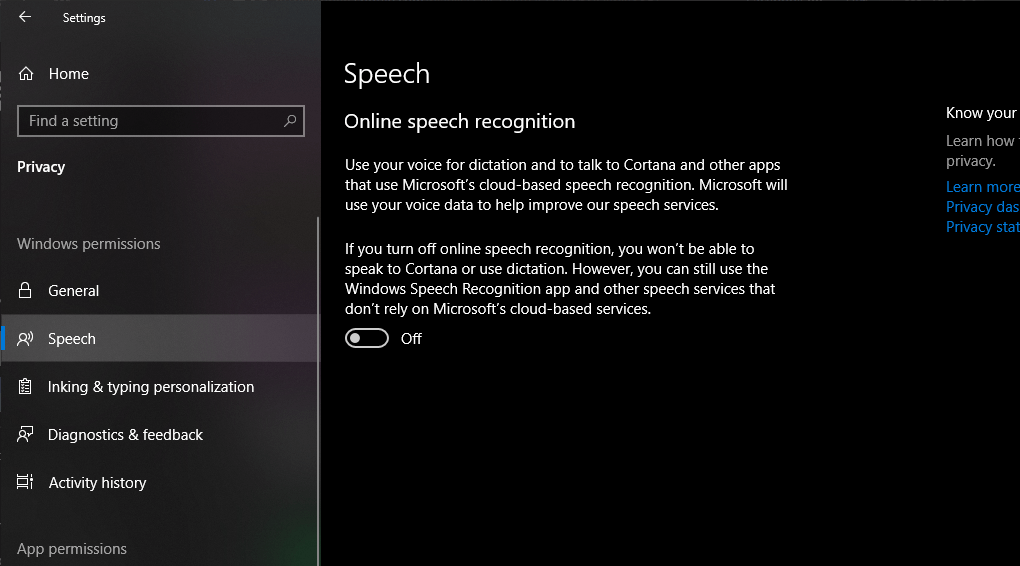 Windows 10 Pro Speech Settings - Online Speech Recognition Set to Off (dark theme)
