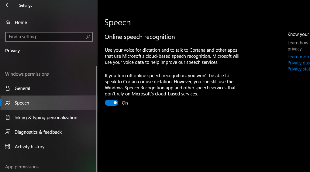 Windows 10 Pro Speech Settings - Online Speech Recognition Set to On (dark theme)